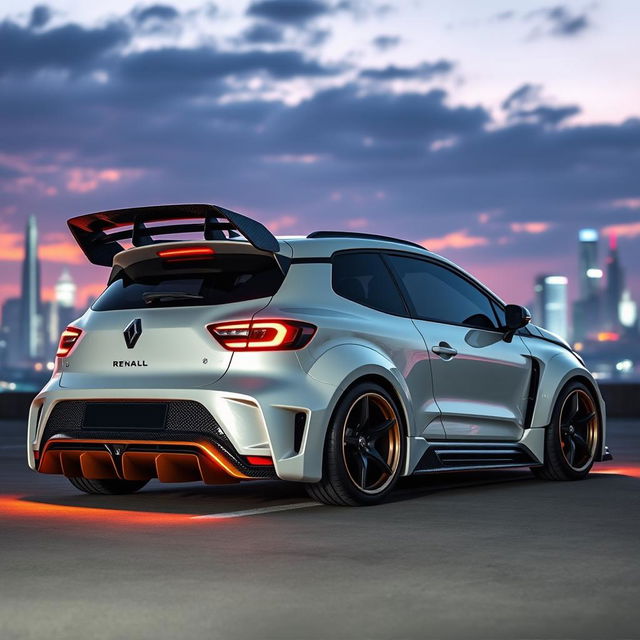 The next generation of Renault 5 Turbo cars envisioned in a futuristic setting, featuring elegant carbon fiber details, an aggressive widebody kit, an impressive rear wing for enhanced aerodynamics, stylish 19-inch alloy wheels, and functional diffusers that accentuate the car's sporty appearance