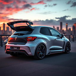 The next generation of Renault 5 Turbo cars envisioned in a futuristic setting, featuring elegant carbon fiber details, an aggressive widebody kit, an impressive rear wing for enhanced aerodynamics, stylish 19-inch alloy wheels, and functional diffusers that accentuate the car's sporty appearance