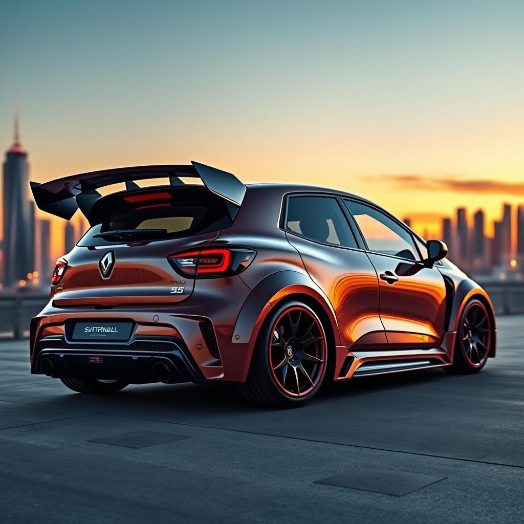 The next generation of Renault 5 Turbo cars envisioned in a futuristic setting, featuring elegant carbon fiber details, an aggressive widebody kit, an impressive rear wing for enhanced aerodynamics, stylish 19-inch alloy wheels, and functional diffusers that accentuate the car's sporty appearance