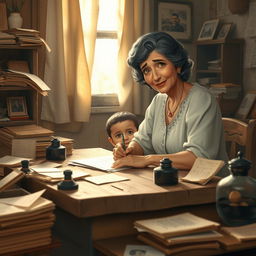 A heartwarming scene portraying Dora, a kind and determined woman, sitting at a rustic wooden table in a small room filled with letters and ink pots
