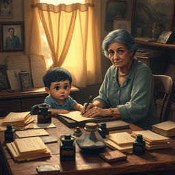 A heartwarming scene portraying Dora, a kind and determined woman, sitting at a rustic wooden table in a small room filled with letters and ink pots