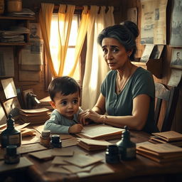 A heartwarming scene portraying Dora, a kind and determined woman, sitting at a rustic wooden table in a small room filled with letters and ink pots