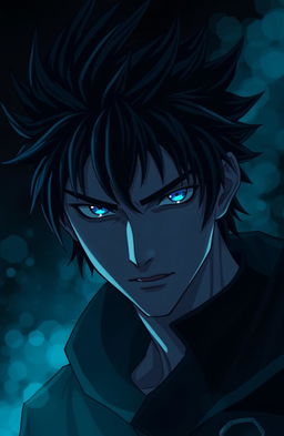 A striking anime character with very dark, moody aesthetics, featuring a man with spiky black hair and piercing blue eyes