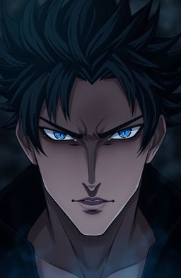 A striking anime character with very dark, moody aesthetics, featuring a man with spiky black hair and piercing blue eyes