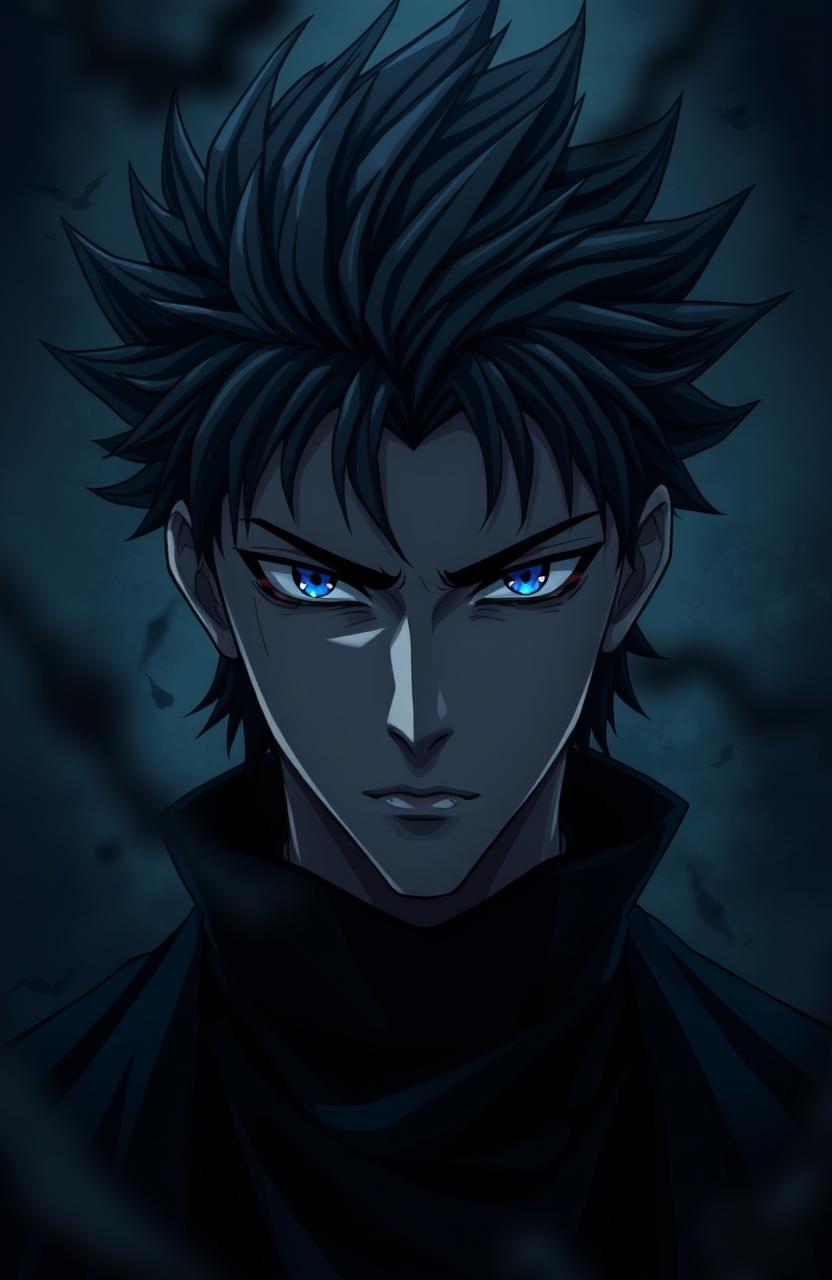 A striking anime character with very dark, moody aesthetics, featuring a man with spiky black hair and piercing blue eyes