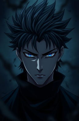 A striking anime character with very dark, moody aesthetics, featuring a man with spiky black hair and piercing blue eyes