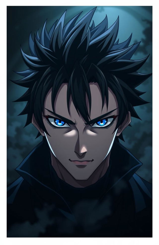 A striking anime character with very dark, moody aesthetics, featuring a man with spiky black hair and piercing blue eyes