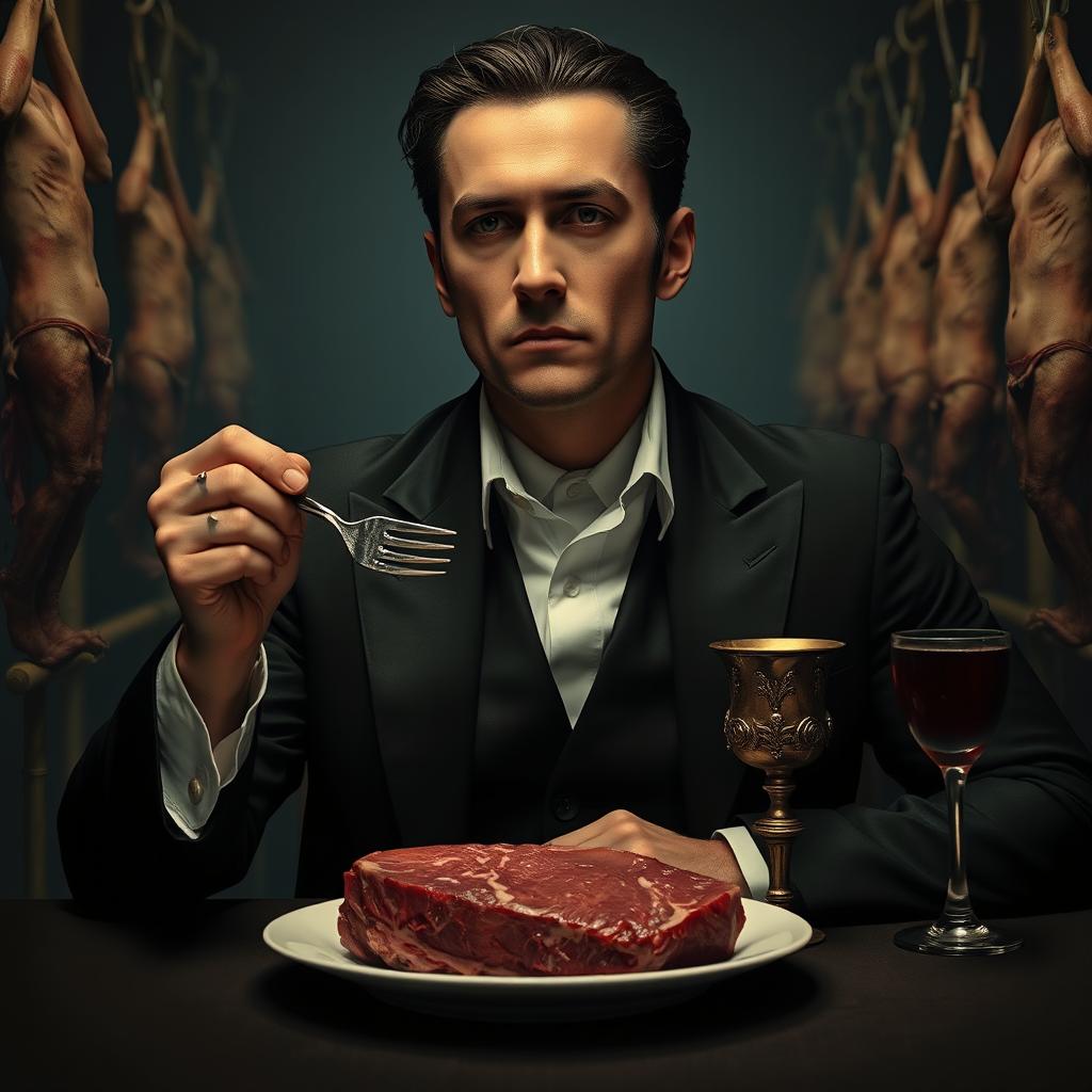 A 30-year-old man dressed in a black vampire-like suit and a crisp white shirt, seated at a dimly lit dinner table