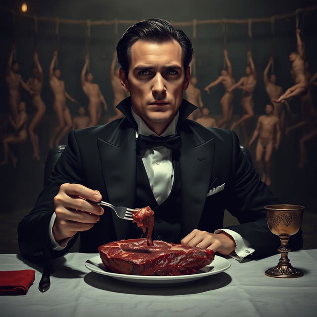 A 30-year-old man dressed in a black vampire-like suit and a crisp white shirt, seated at a dimly lit dinner table