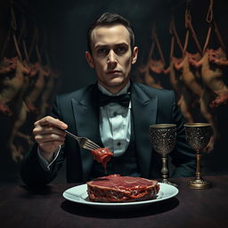 A 30-year-old man dressed in a black vampire-like suit and a crisp white shirt, seated at a dimly lit dinner table