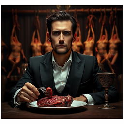 A 30-year-old man dressed in a black vampire-like suit and a crisp white shirt, seated at a dimly lit dinner table