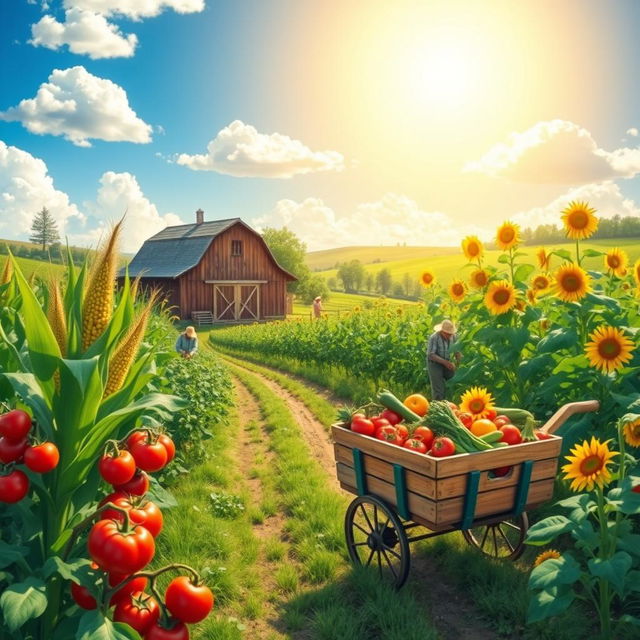 A vibrant farm scene depicting flourishing crops such as tall corn, tomatoes, and sunflowers, with a picturesque barn in the background; farmers happily tending to the fields, showcasing the concept of money growth through abundant harvest; bright blue sky with fluffy white clouds, warm sunlight illuminating the scene, and a sense of prosperity and abundance; possibly include a cart filled with freshly harvested produce, symbolizing the thriving economy of the farm