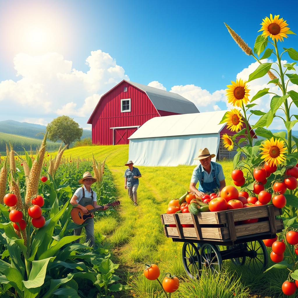 A vibrant farm scene depicting flourishing crops such as tall corn, tomatoes, and sunflowers, with a picturesque barn in the background; farmers happily tending to the fields, showcasing the concept of money growth through abundant harvest; bright blue sky with fluffy white clouds, warm sunlight illuminating the scene, and a sense of prosperity and abundance; possibly include a cart filled with freshly harvested produce, symbolizing the thriving economy of the farm