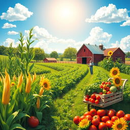 A vibrant farm scene depicting flourishing crops such as tall corn, tomatoes, and sunflowers, with a picturesque barn in the background; farmers happily tending to the fields, showcasing the concept of money growth through abundant harvest; bright blue sky with fluffy white clouds, warm sunlight illuminating the scene, and a sense of prosperity and abundance; possibly include a cart filled with freshly harvested produce, symbolizing the thriving economy of the farm