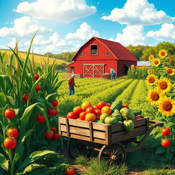 A vibrant farm scene depicting flourishing crops such as tall corn, tomatoes, and sunflowers, with a picturesque barn in the background; farmers happily tending to the fields, showcasing the concept of money growth through abundant harvest; bright blue sky with fluffy white clouds, warm sunlight illuminating the scene, and a sense of prosperity and abundance; possibly include a cart filled with freshly harvested produce, symbolizing the thriving economy of the farm