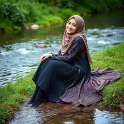 A girl wearing a luxury hijab and a beautifully patterned abaya sits gracefully on the grass beside a serene water stream