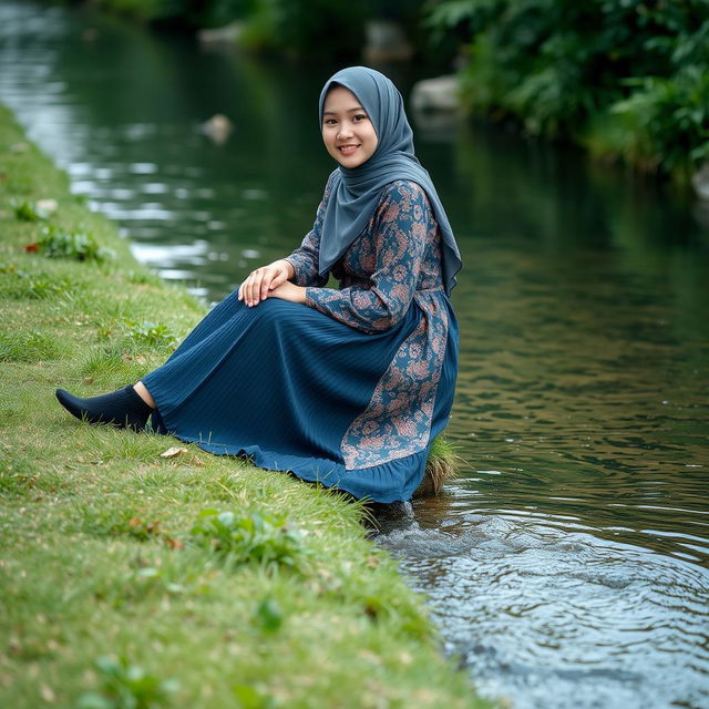 A girl wearing a luxury hijab and a beautifully patterned abaya sits gracefully on the grass beside a serene water stream