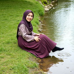 A girl wearing a luxury hijab and a beautifully patterned abaya sits gracefully on the grass beside a serene water stream