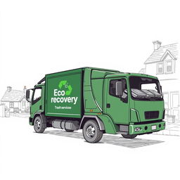 A detailed sketch of an electric garbage truck, painted in a dark green color, featuring the text "Eco Recovery Trash Services" clearly displayed on the side