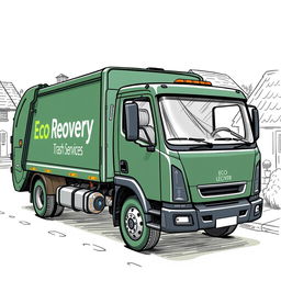 A detailed sketch of an electric garbage truck, painted in a dark green color, featuring the text "Eco Recovery Trash Services" clearly displayed on the side