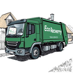 A detailed sketch of an electric garbage truck, painted in a dark green color, featuring the text "Eco Recovery Trash Services" clearly displayed on the side