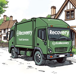 A detailed sketch of an electric garbage truck, painted in a dark green color, featuring the text "Eco Recovery Trash Services" clearly displayed on the side