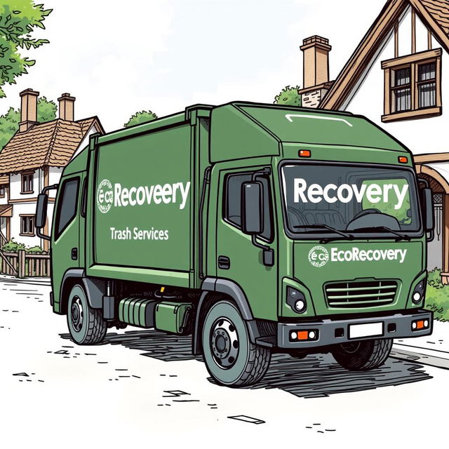 A detailed sketch of an electric garbage truck, painted in a dark green color, featuring the text "Eco Recovery Trash Services" clearly displayed on the side