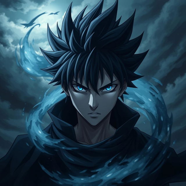 A dramatic anime character with black spiky hair and piercing blue eyes, embodying a serious expression