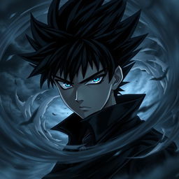 A dramatic anime character with black spiky hair and piercing blue eyes, embodying a serious expression