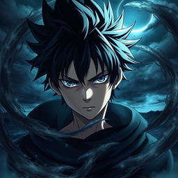 A dramatic anime character with black spiky hair and piercing blue eyes, embodying a serious expression