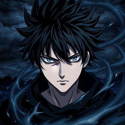 A dramatic anime character with black spiky hair and piercing blue eyes, embodying a serious expression