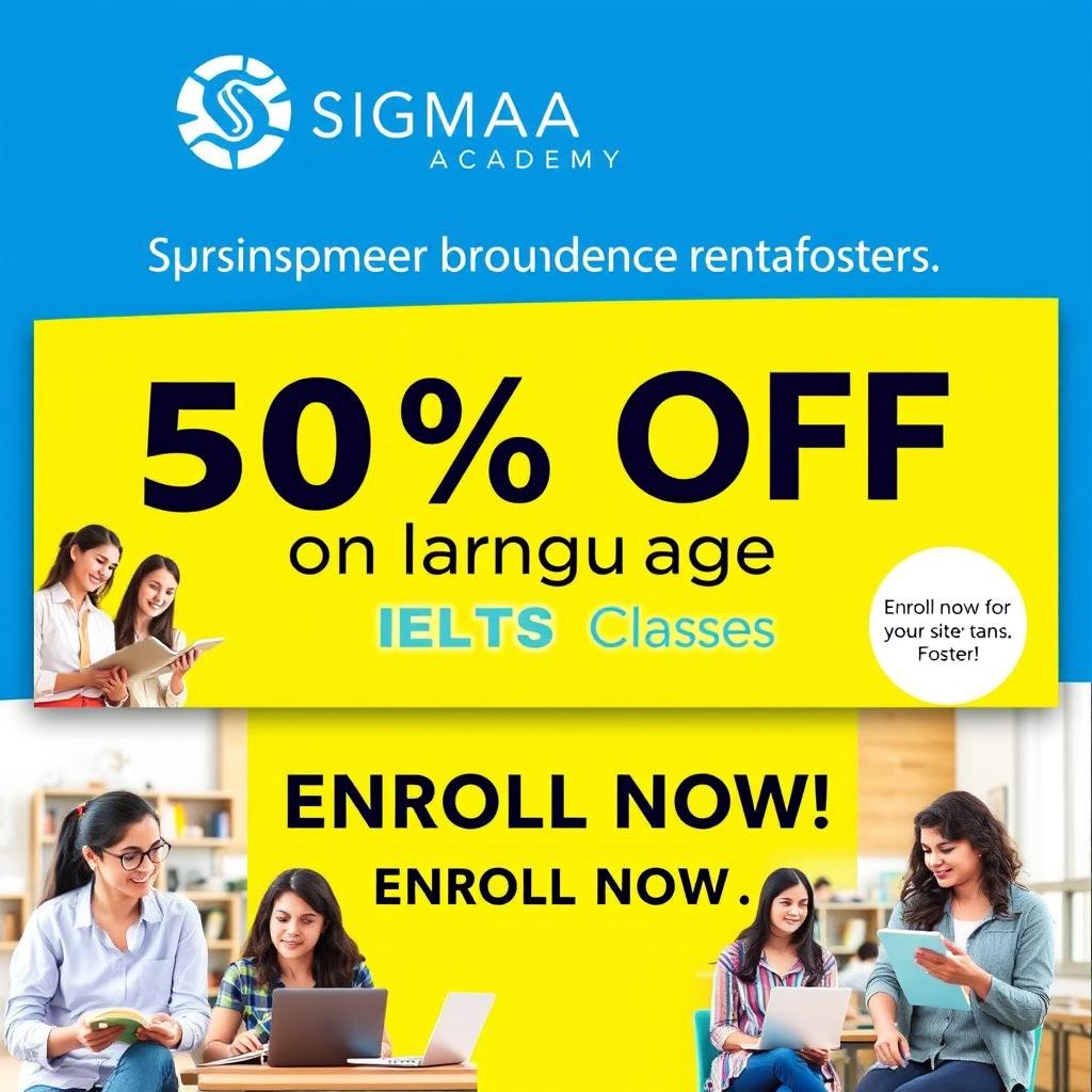 A vibrant and eye-catching advertisement featuring a large banner that says '50% OFF on Language and IELTS Classes' at Sigma Academy Foster