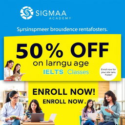 A vibrant and eye-catching advertisement featuring a large banner that says '50% OFF on Language and IELTS Classes' at Sigma Academy Foster