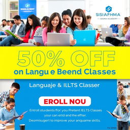 A vibrant and eye-catching advertisement featuring a large banner that says '50% OFF on Language and IELTS Classes' at Sigma Academy Foster
