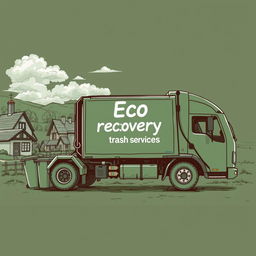 A detailed sketch of an electric garbage truck, shaded in a dark green color, featuring the text "Eco Recovery Trash Services" prominently displayed on the side