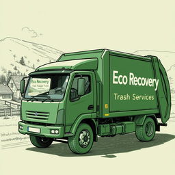 A detailed sketch of an electric garbage truck, shaded in a dark green color, featuring the text "Eco Recovery Trash Services" prominently displayed on the side