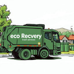 A detailed sketch of an electric garbage truck, shaded in a dark green color, featuring the text "Eco Recovery Trash Services" prominently displayed on the side