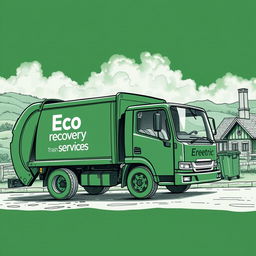 A detailed sketch of an electric garbage truck, shaded in a dark green color, featuring the text "Eco Recovery Trash Services" prominently displayed on the side