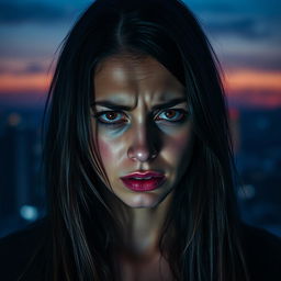 A portrait of a sad and angry woman, her expression a complex mix of emotions
