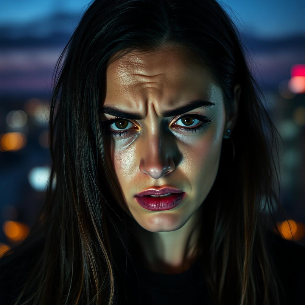 A portrait of a sad and angry woman, her expression a complex mix of emotions