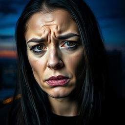 A portrait of a sad and angry woman, her expression a complex mix of emotions