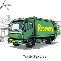 A detailed sketch of an electric garbage truck, painted in a dark green color, with the word "Recovery" highlighted in a vibrant shade, while the text "Trash Services" is displayed beneath