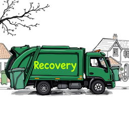 A detailed sketch of an electric garbage truck, painted in a dark green color, with the word "Recovery" highlighted in a vibrant shade, while the text "Trash Services" is displayed beneath