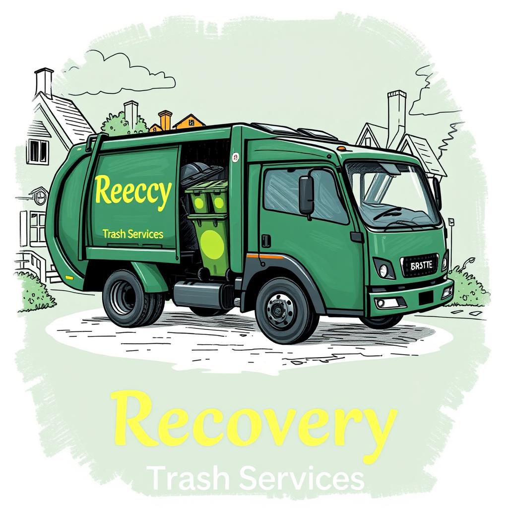 A detailed sketch of an electric garbage truck, painted in a dark green color, with the word "Recovery" highlighted in a vibrant shade, while the text "Trash Services" is displayed beneath