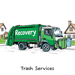 A detailed sketch of an electric garbage truck, painted in a dark green color, with the word "Recovery" highlighted in a vibrant shade, while the text "Trash Services" is displayed beneath