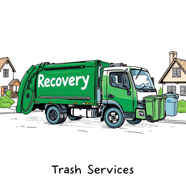 A detailed sketch of an electric garbage truck, painted in a dark green color, with the word "Recovery" highlighted in a vibrant shade, while the text "Trash Services" is displayed beneath