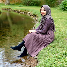 A girl wearing a luxurious hijab and a beautifully patterned abaya sits gracefully on the grass beside a tranquil water stream