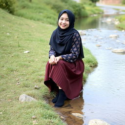 A girl wearing a luxurious hijab and a beautifully patterned abaya sits gracefully on the grass beside a tranquil water stream
