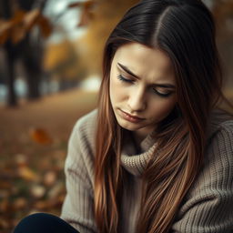 A portrait of a sad woman, sitting alone with her head slightly tilted down and her long hair cascading over her shoulders