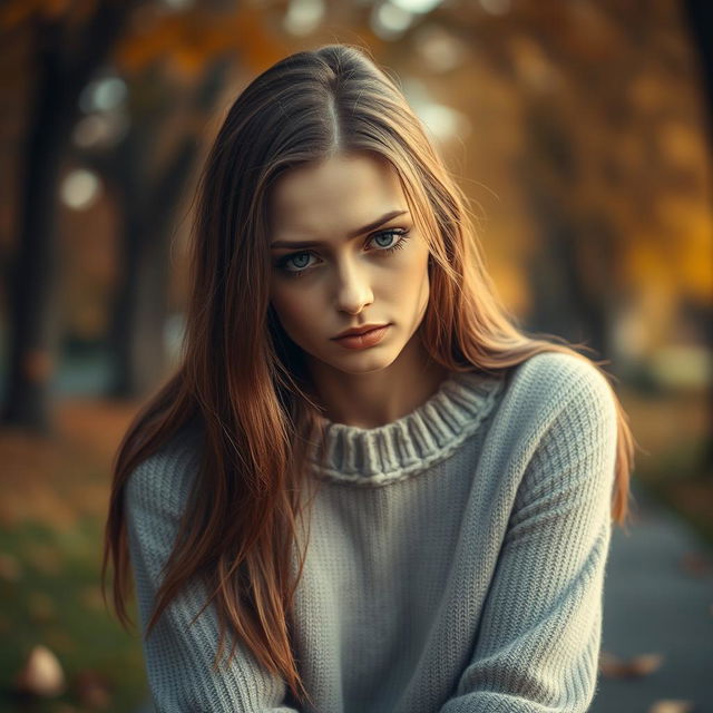 A portrait of a sad woman, sitting alone with her head slightly tilted down and her long hair cascading over her shoulders